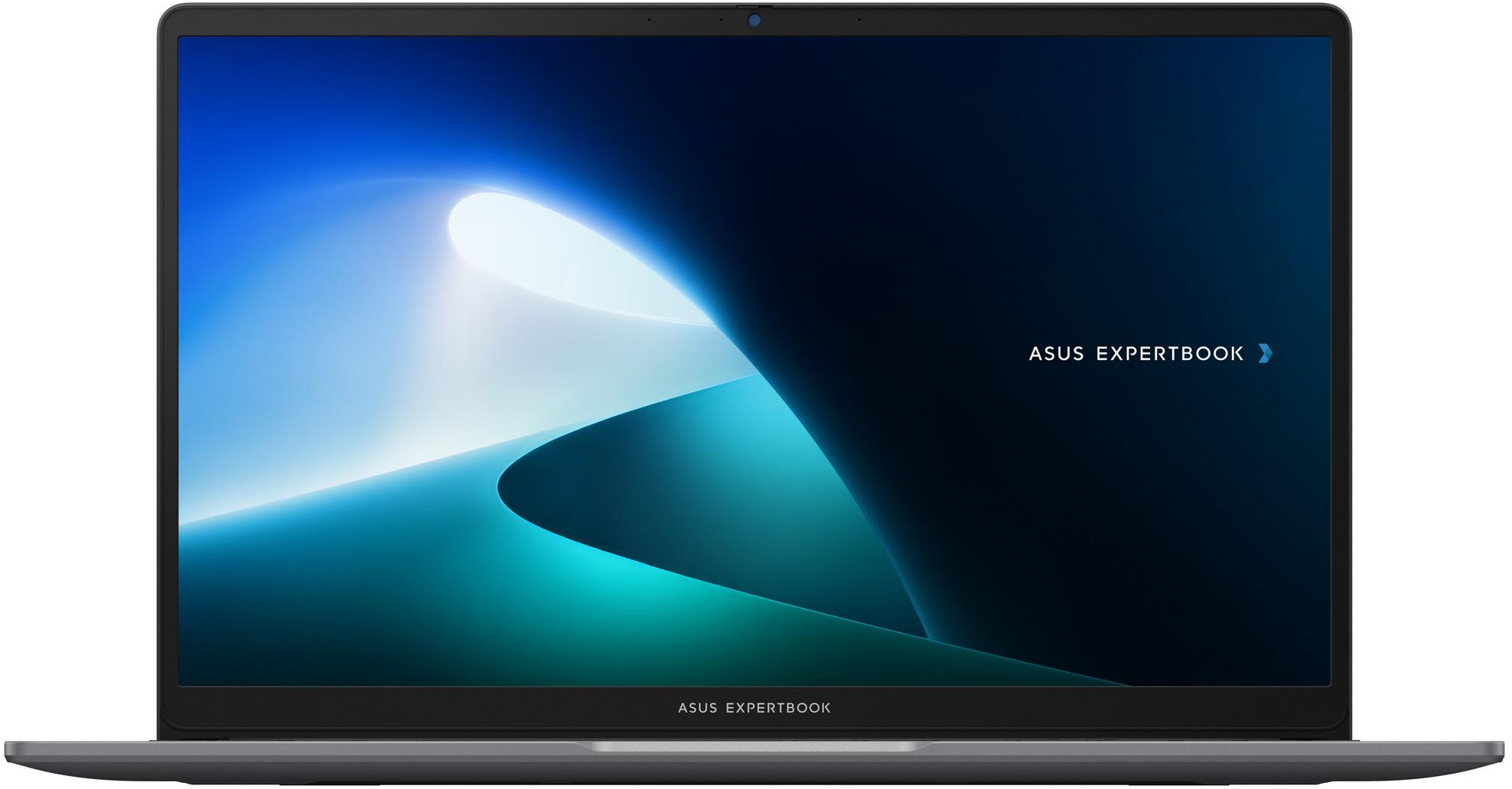 Egy zárt ASUS ExpertBook laptop absztrakt kék és fehér háttérképet jelenít meg.