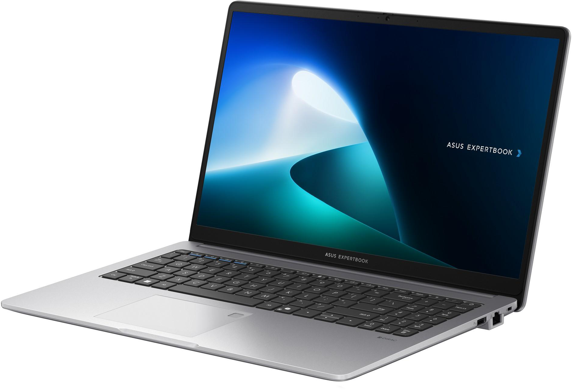 Ezüst Asus ExpertBook laptop kék és fehér háttérképpel.