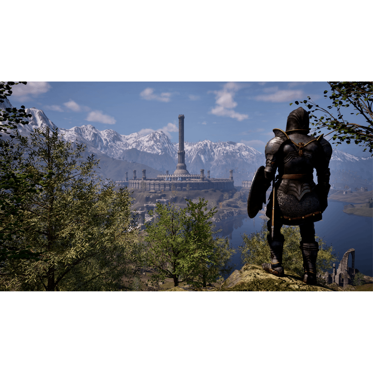 Un caballero con armadura se alza sobre una roca, contemplando un castillo y montañas nevadas.
