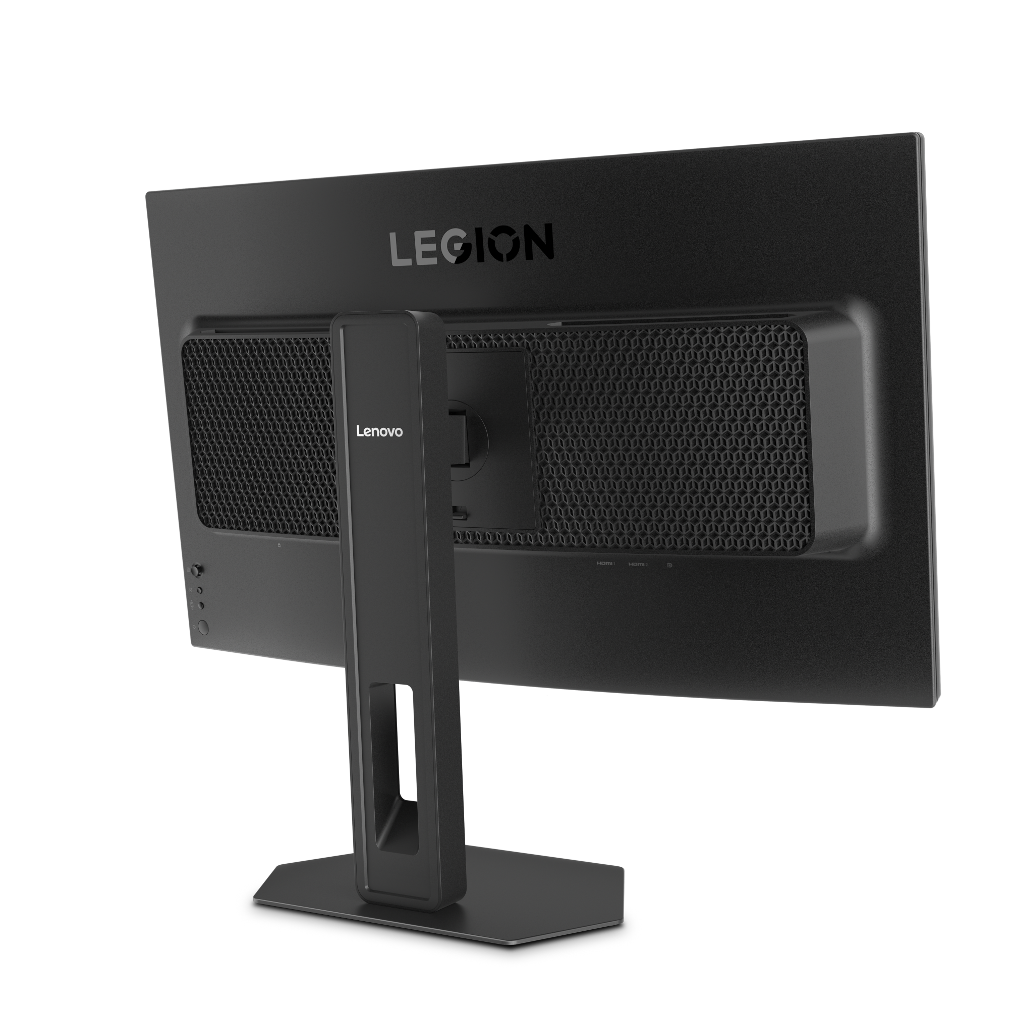 Rückseite eines schwarzen Lenovo Legion Monitors mit Lüftungsgittern und Anschlüssen.