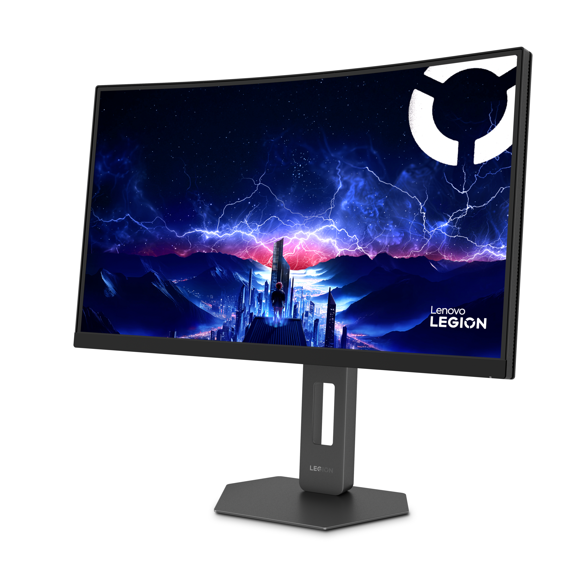 Ein gekrümmter Monitor mit einem futuristischen Stadtdesign, Blitzen und dem Lenovo Legion Logo.
