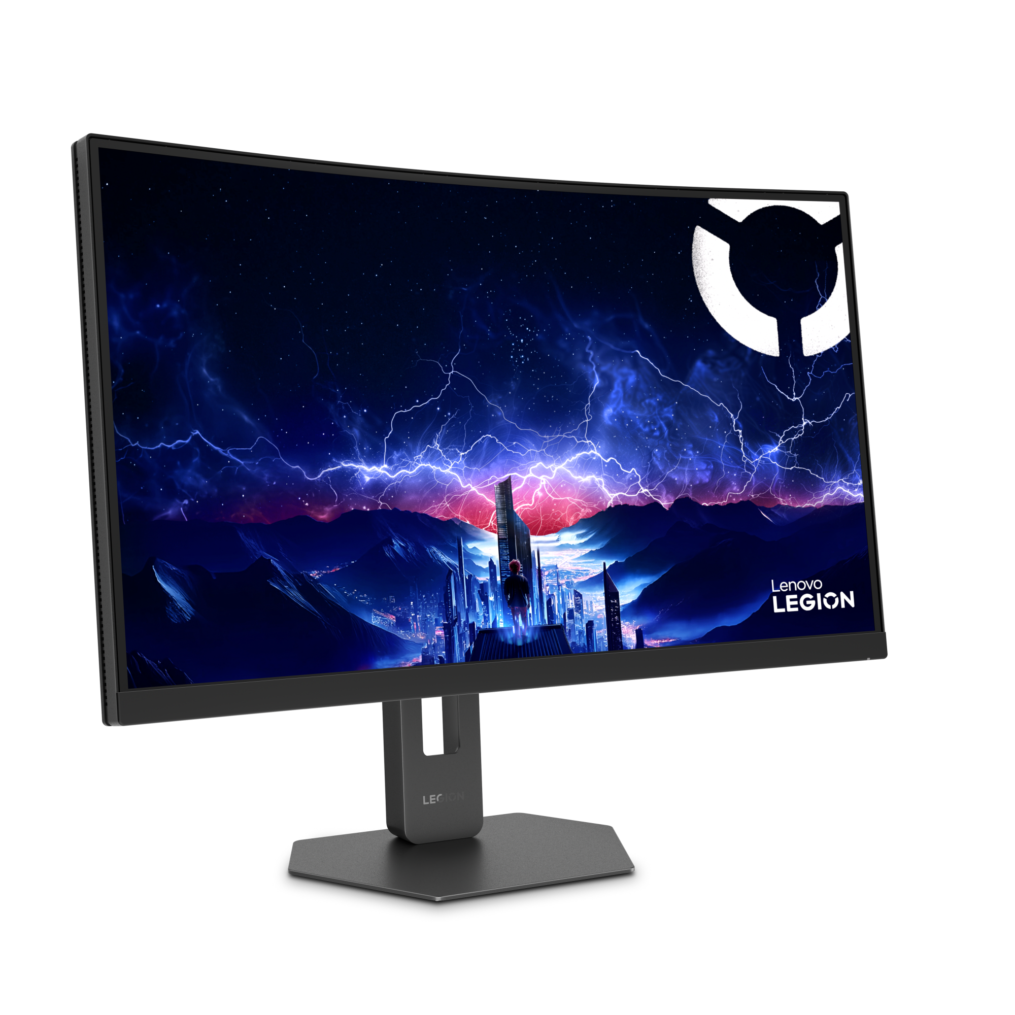 Ein gekrümmter Gaming-Monitor mit einem futuristischen Stadtdesign und Blitzen.