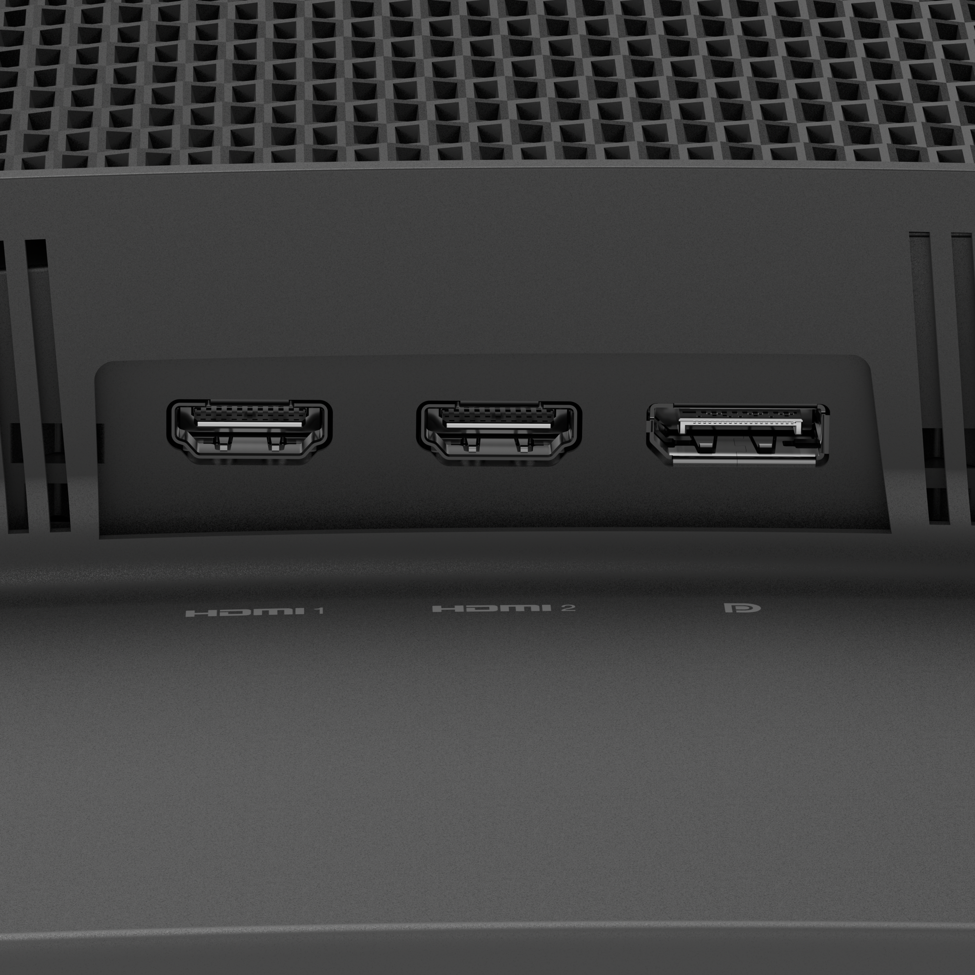 Nahaufnahme der Rückseite eines schwarzen Geräts mit drei Anschlüssen: zwei HDMI und ein USB.