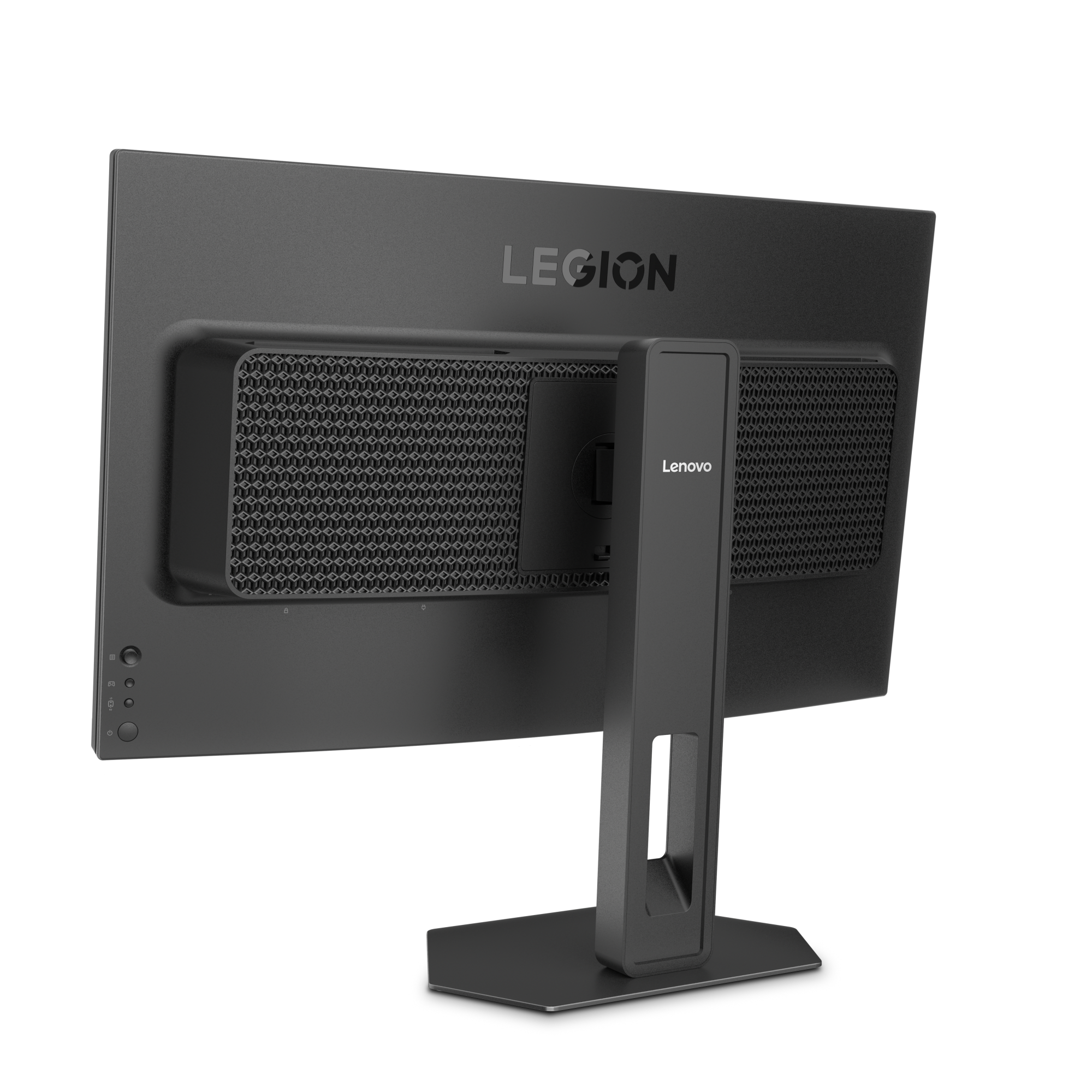 Rückseite eines schwarzen Lenovo Legion Monitors mit Lüftungsgitter und Standfuß.