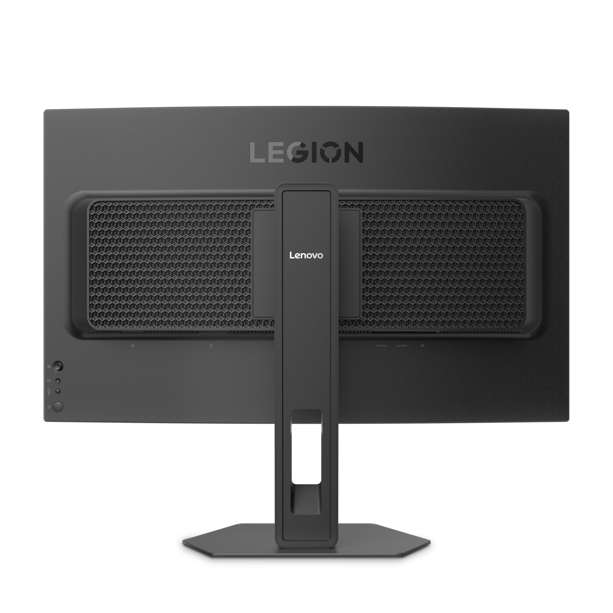 Rückseite eines schwarzen Lenovo Legion Monitors mit Lüftungsgittern und Anschlüssen.