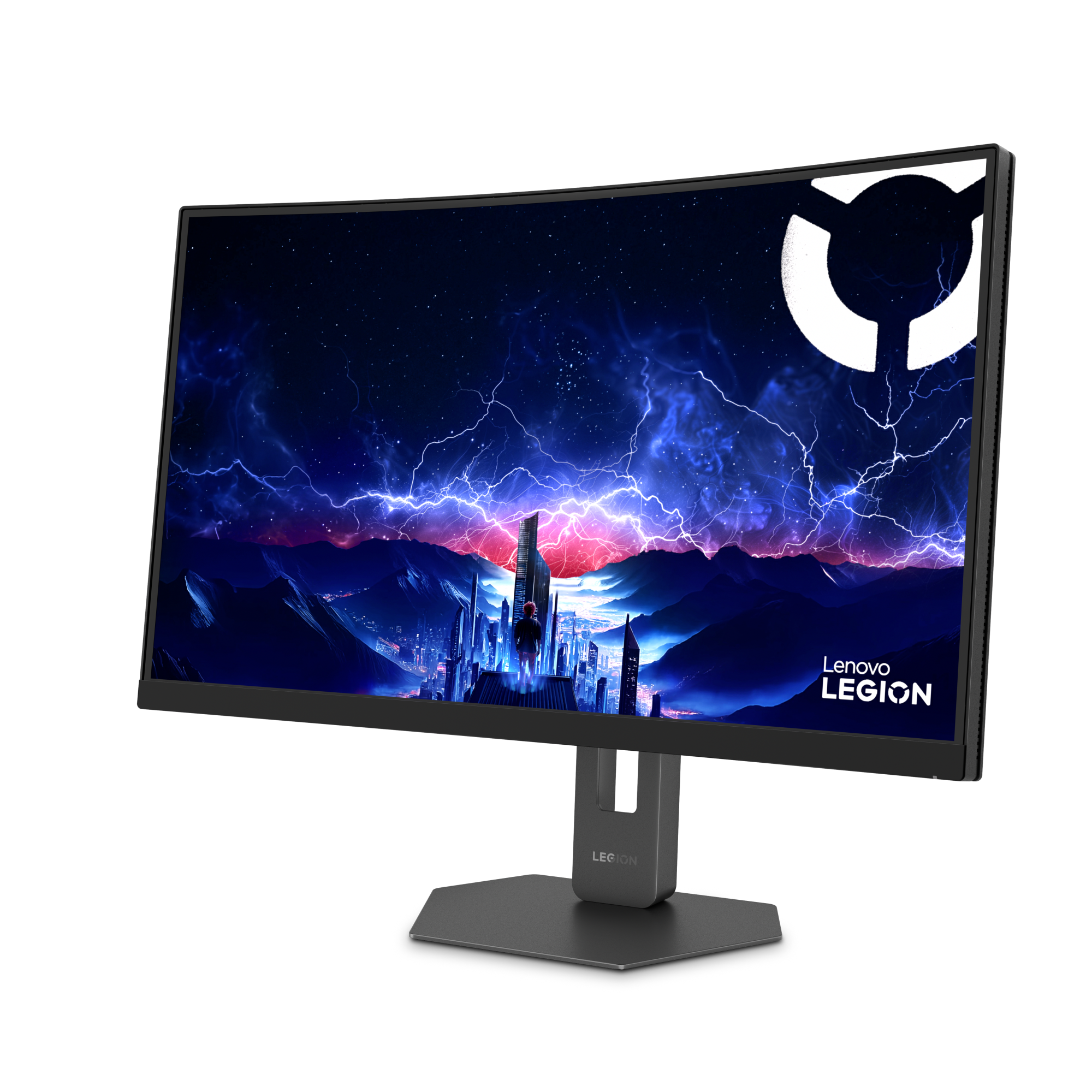 Ein gekrümmter Monitor zeigt eine futuristische Stadt bei Nacht mit Blitzen.