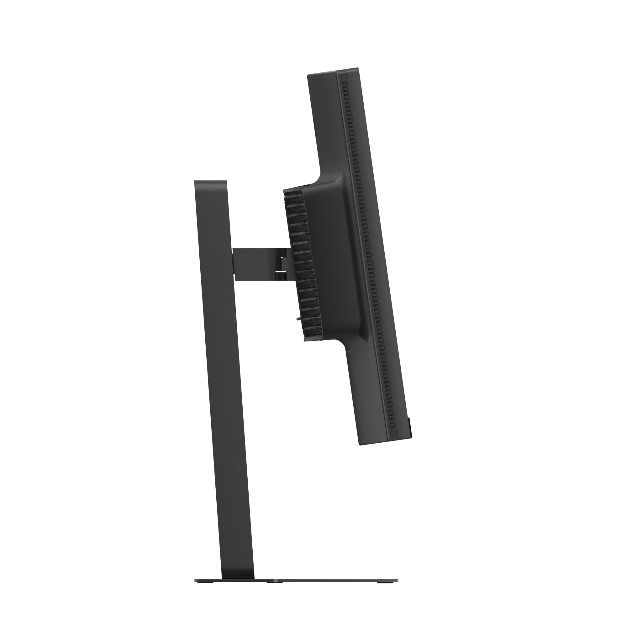 Ein schwarzer Computermonitor mit Ständer auf weißem Hintergrund.