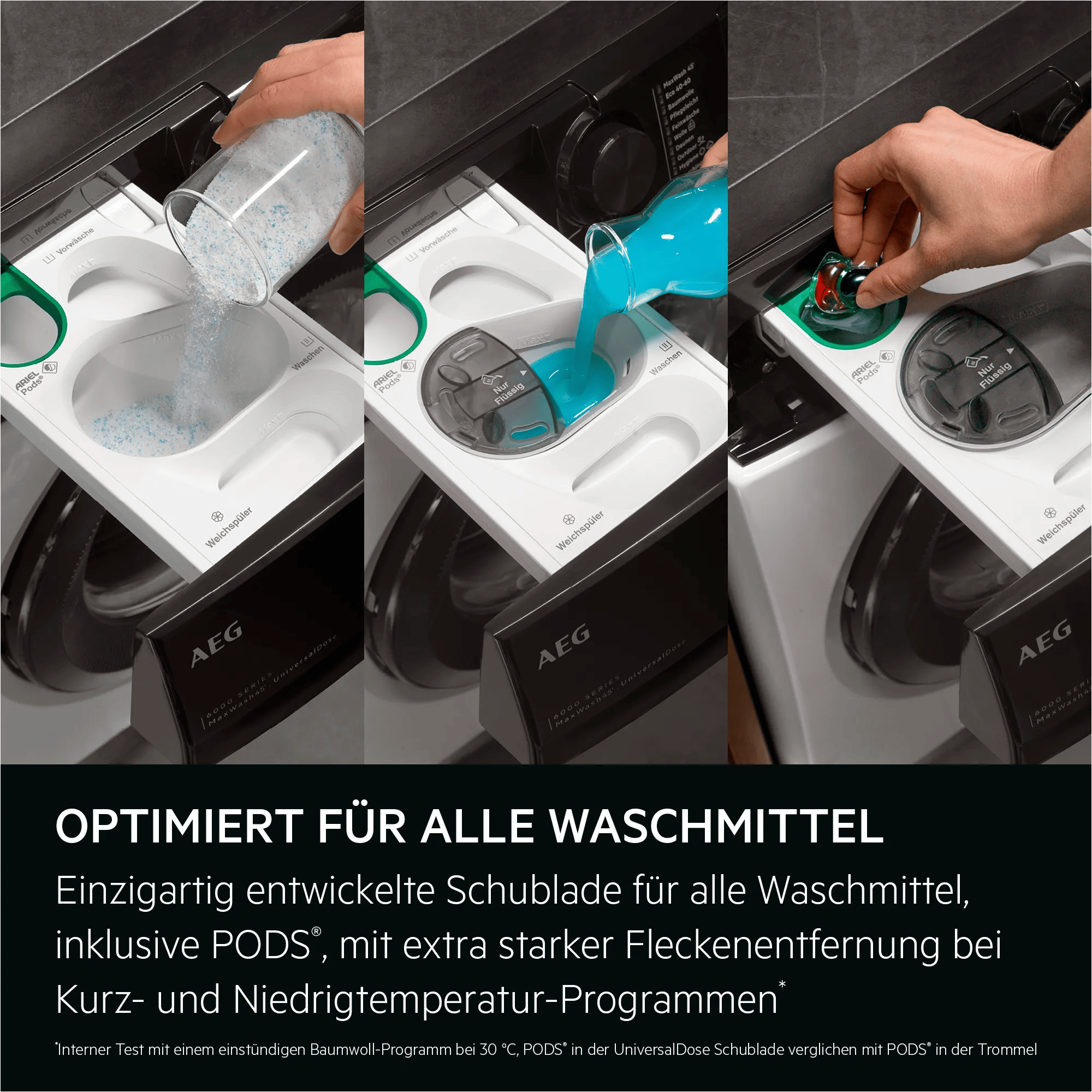 Eine Waschmittelschublade mit Pulver, Flüssigwaschmittel und Pods.