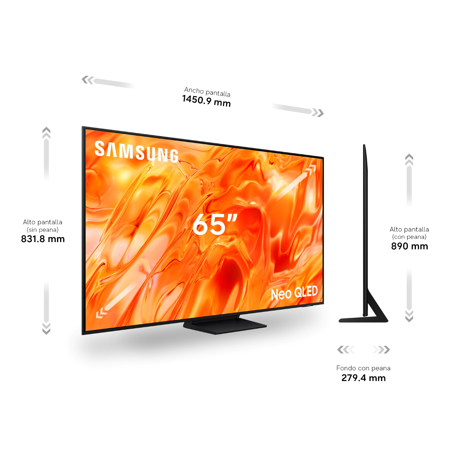 TV Samsung Neo QLED de 65" con dimensiones: Ancho 1450,9 mm, Alto (sin peana) 831,8 mm, Alto (con peana) 890 mm, Fondo (con peana) 279,4 mm.