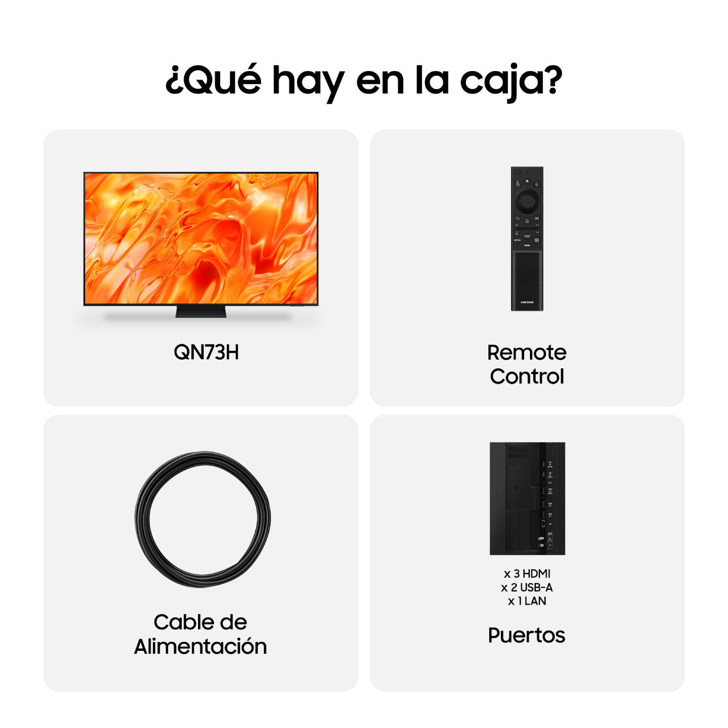 Pantalla, mando a distancia, cable de alimentación y puertos.