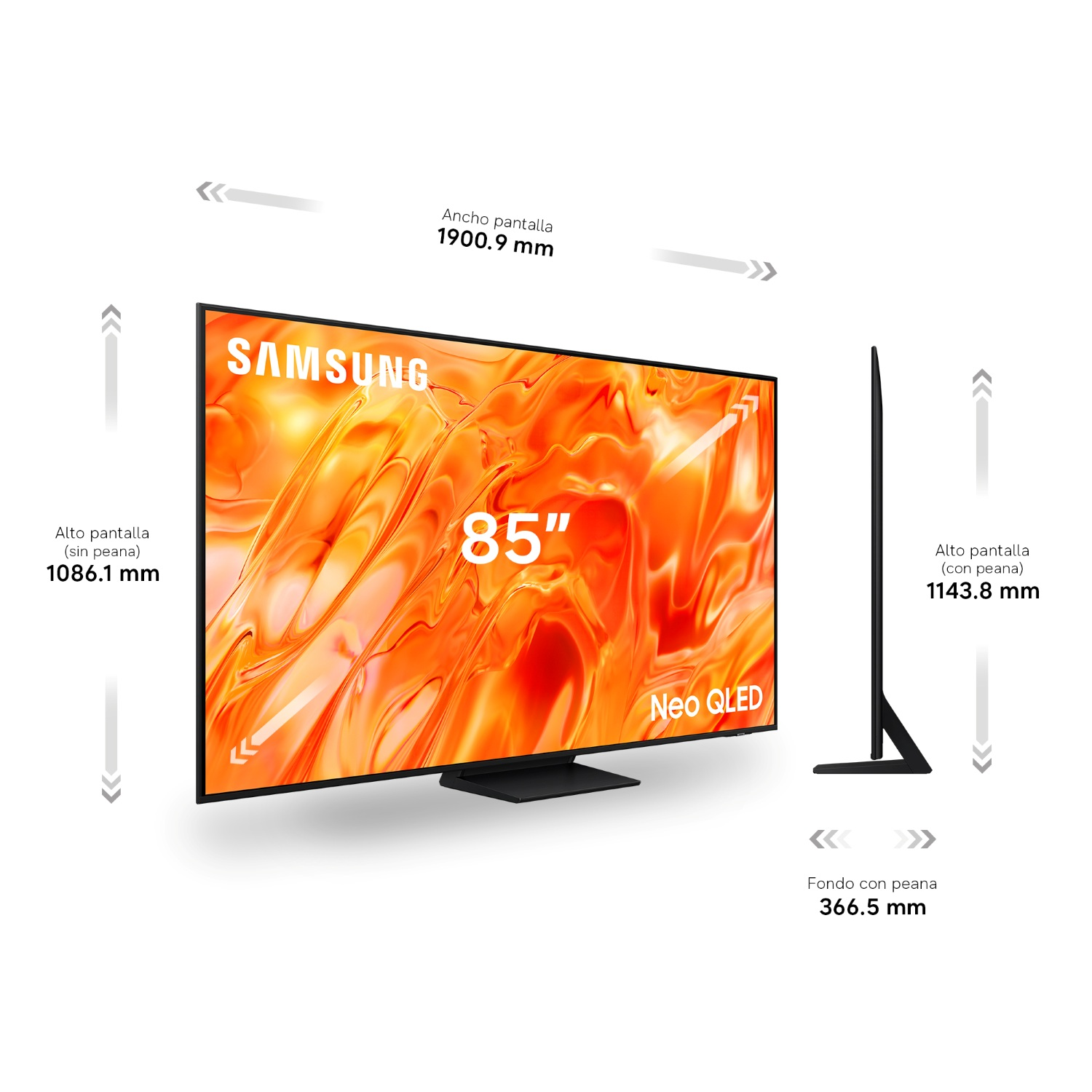 TV Samsung Neo QLED de 85 pulgadas, con dimensiones: ancho 1900,9 mm, alto 1086,1 mm, fondo 366,5 mm.