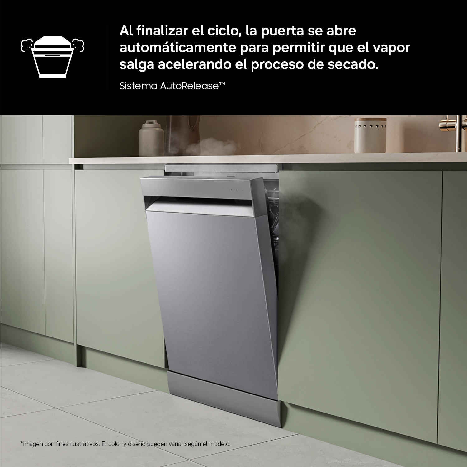 Lavavajillas con puerta entreabierta liberando vapor. Cocina moderna.