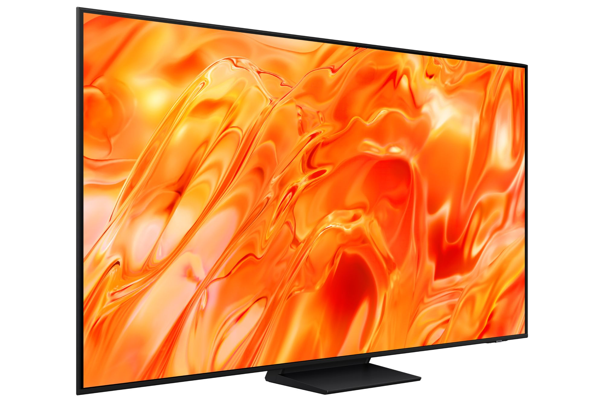 Un televisor negro con un vibrante diseño abstracto naranja y amarillo en su pantalla.