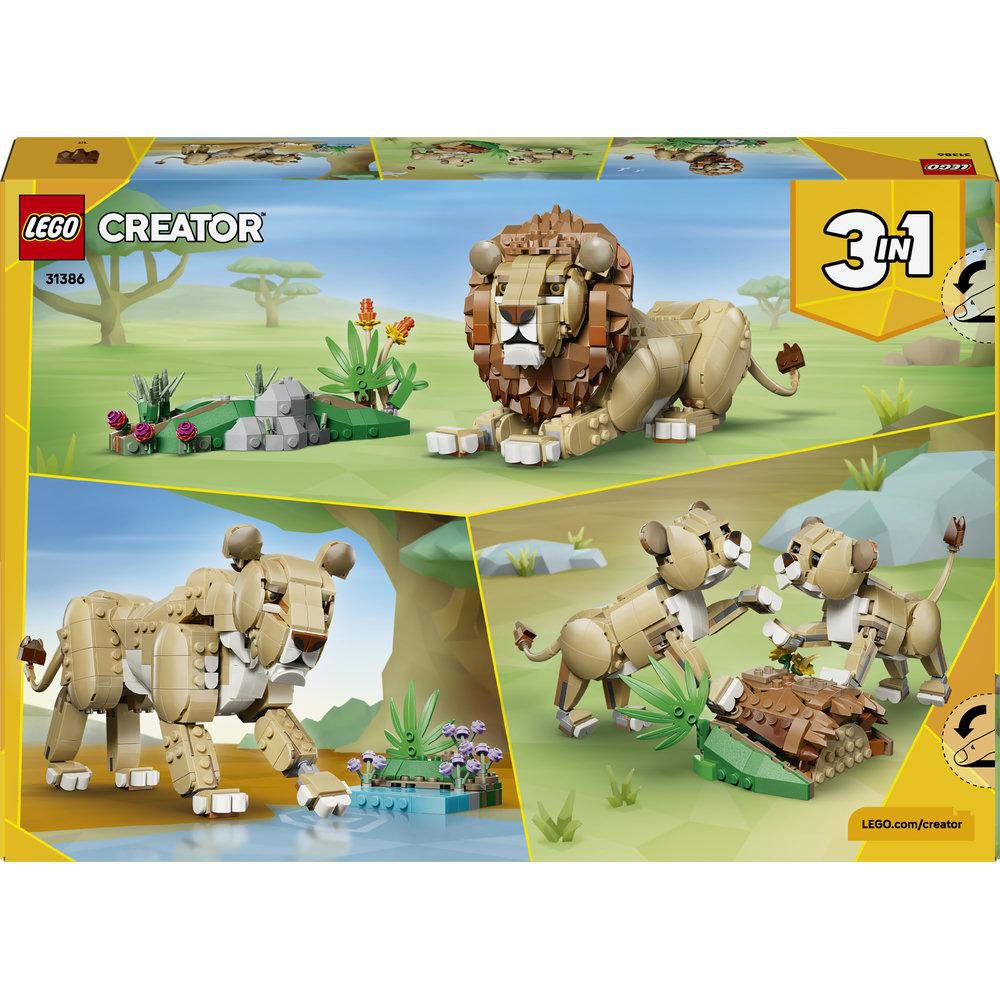 LEGO Creator Set 31386 zeigt Löwenmodelle in verschiedenen Szenarien: ein sitzender Löwe, ein laufender Löwe, zwei Löwenjunge.
