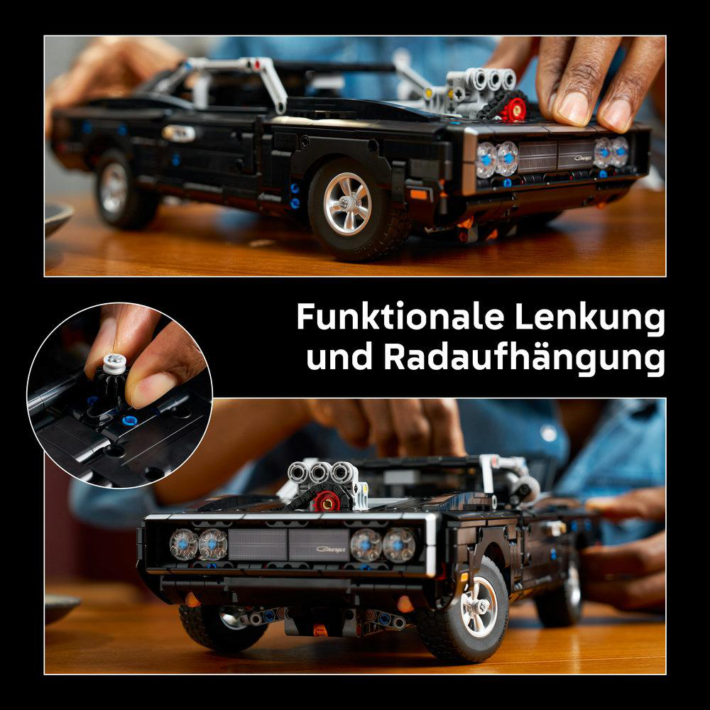 Ein schwarzes Lego-Modellauto mit roten Akzenten wird zusammengebaut.