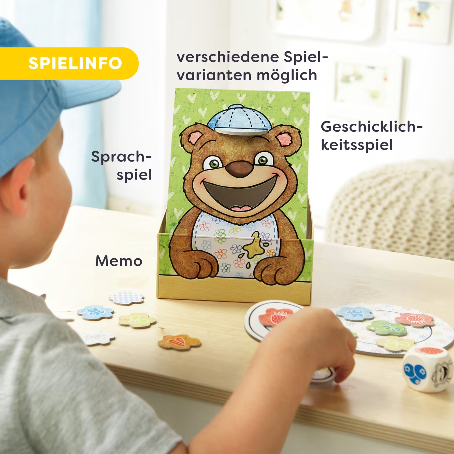 Gyerek egy medvés társasjátékkal játszik, különféle játékmódokkal.