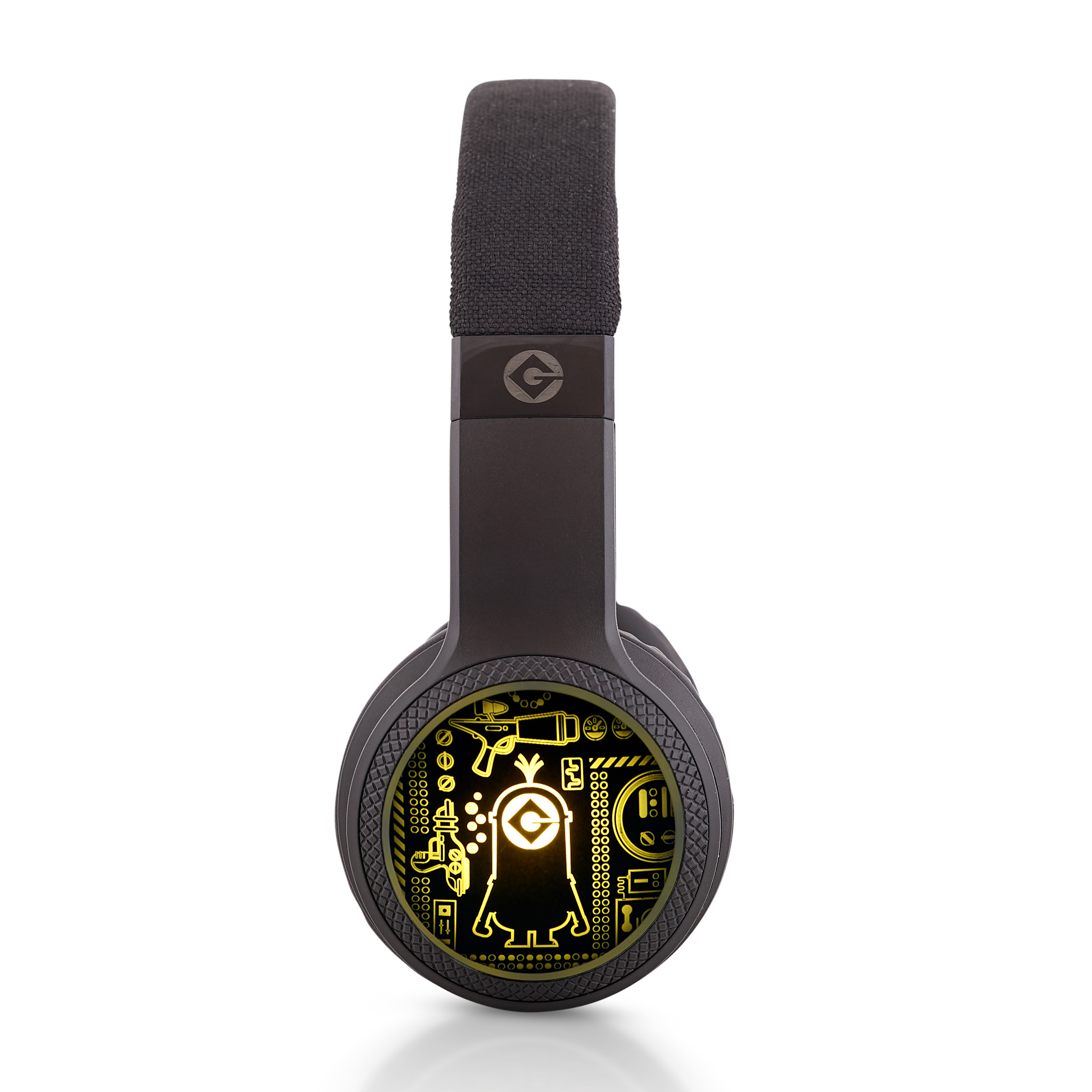 Schwarze Kopfhörer mit Minion-Motiv und gelben technischen Details auf den Ohrmuscheln.