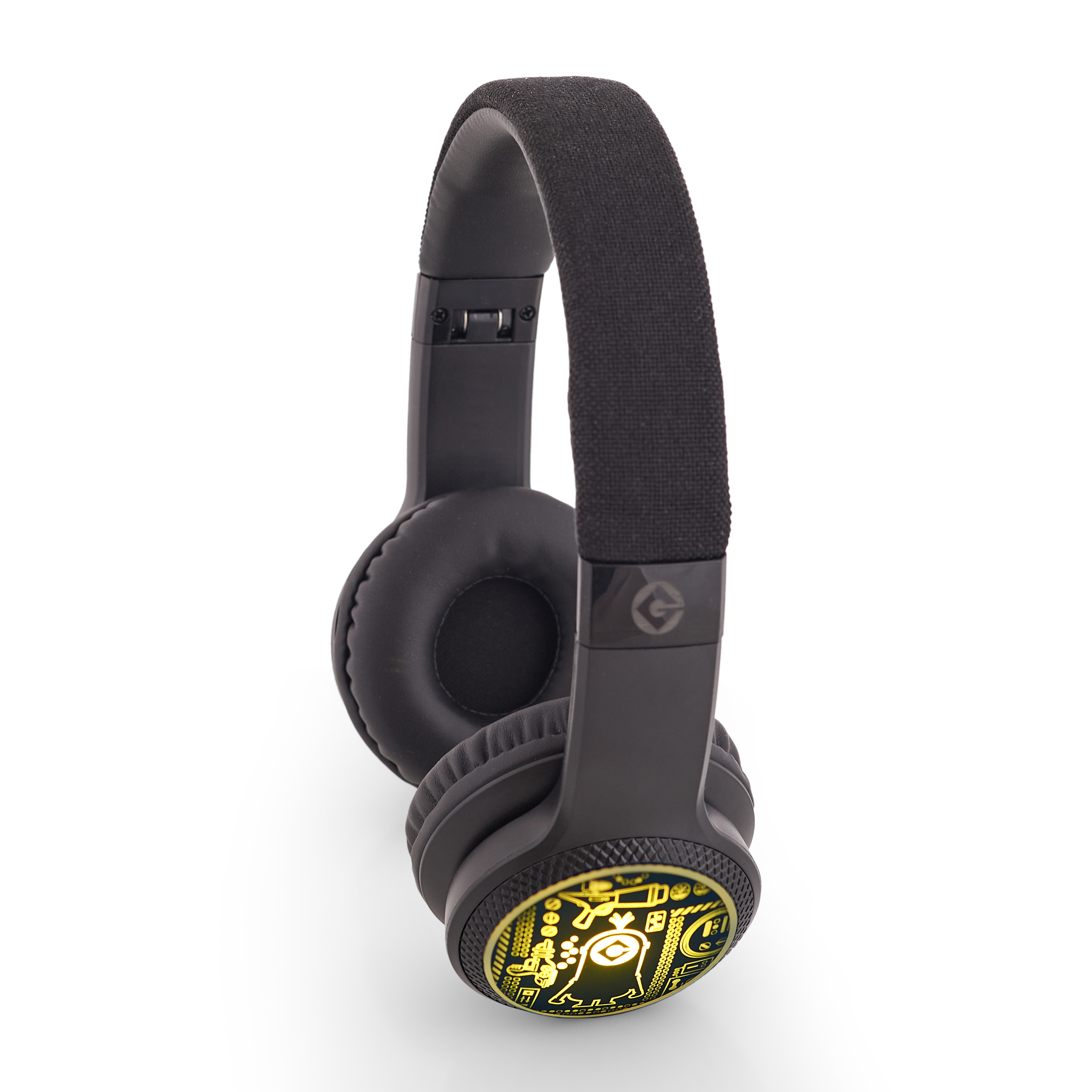 Schwarze Kopfhörer mit gelbem Minion-Design auf den Ohrmuscheln und grauem Kopfbügel.
