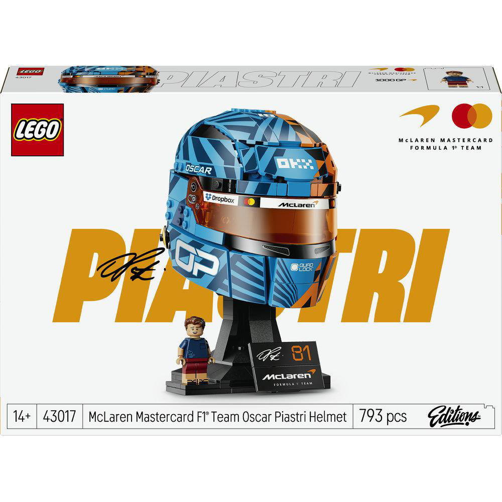 LEGO-Set: Oscar Piastris Formel-1-Helm in Blau und Orange mit Minifigur.