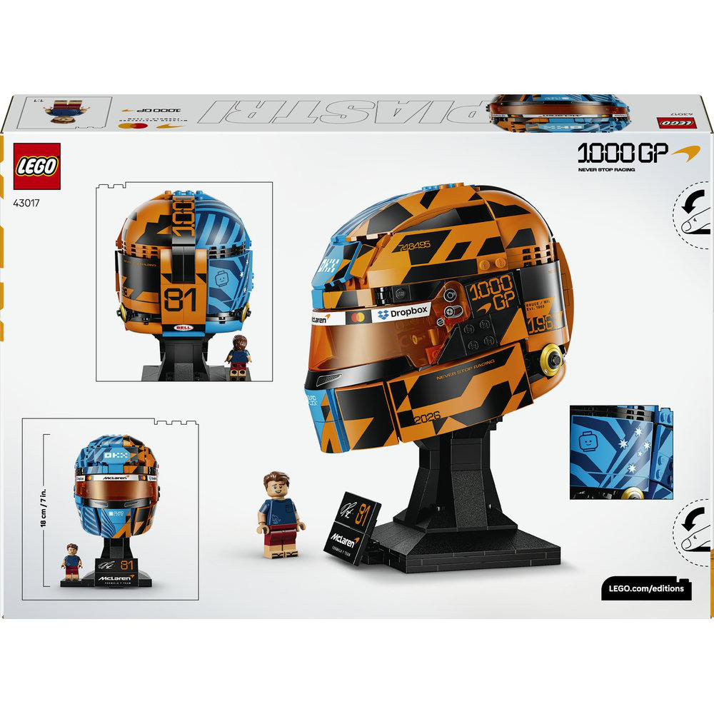 LEGO McLaren Rennhelm-Set mit Minifiguren und Display-Ständer.