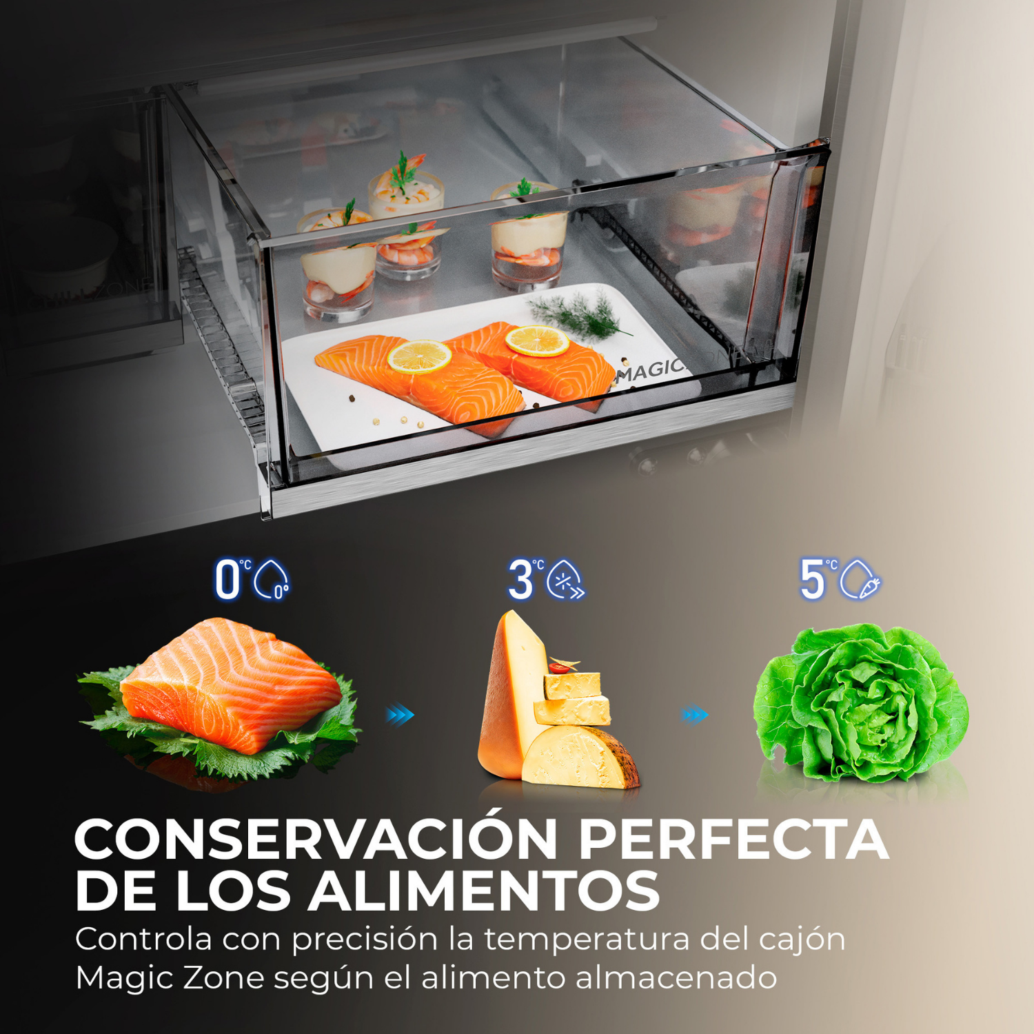 Conservación perfecta de los alimentos. Controla con precisión la temperatura del cajón Magic Zone según el alimento almacenado.
