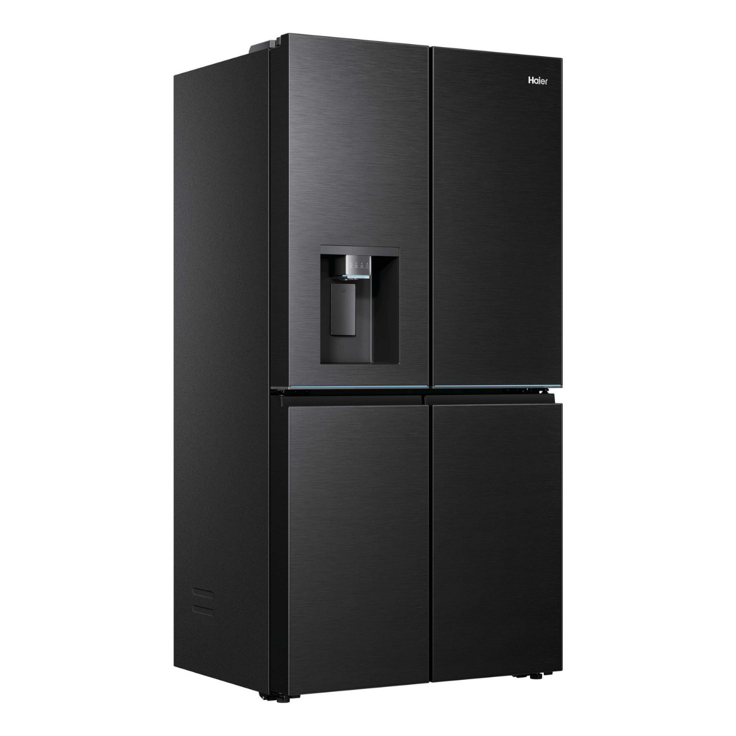 Refrigerador negro de cuatro puertas con dispensador de agua.