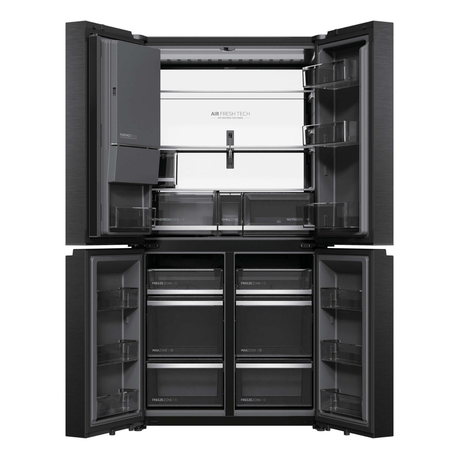 Refrigerador negro abierto con múltiples estantes y cajones, mostrando compartimentos internos.