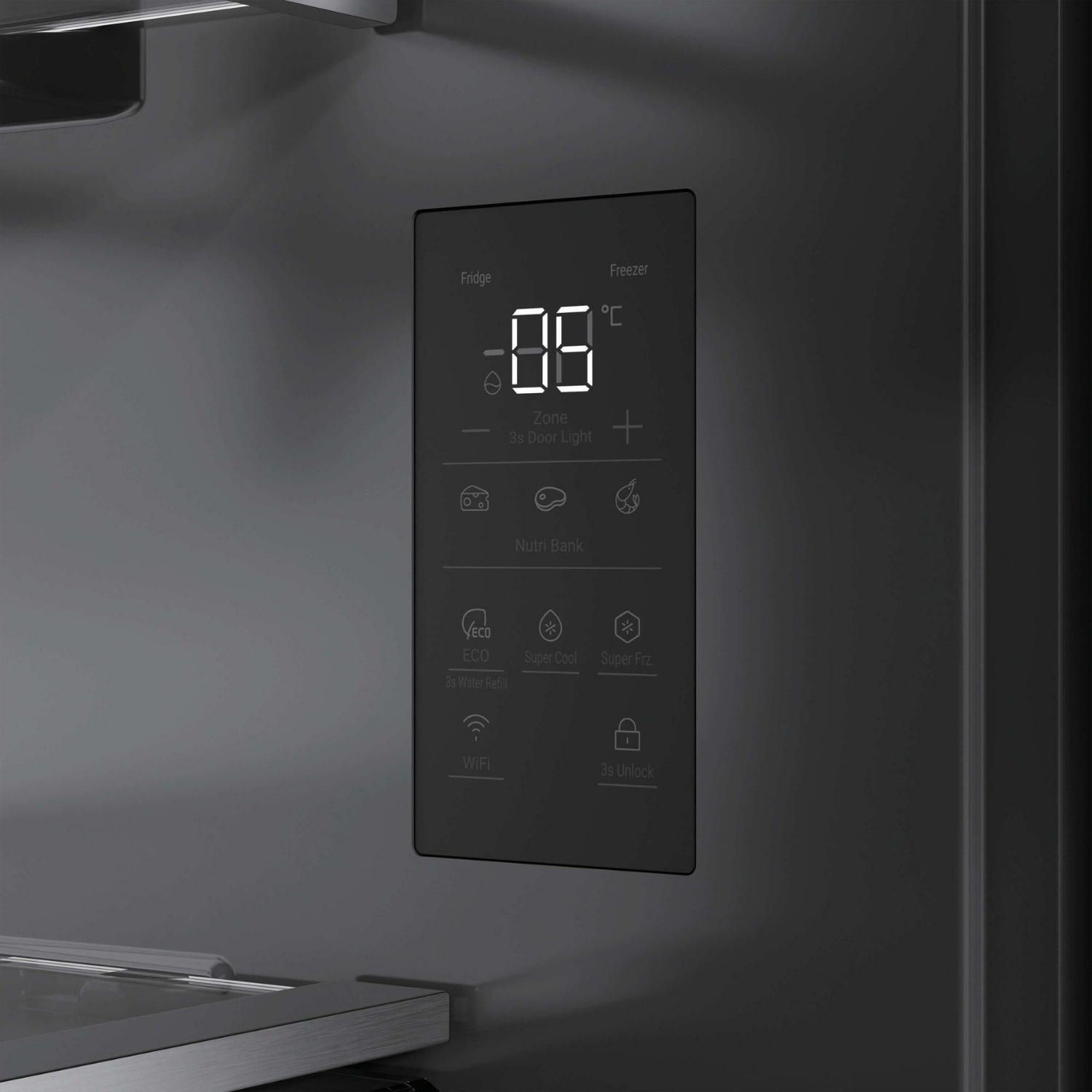 Pantalla digital de un refrigerador con temperaturas, iconos y funciones.