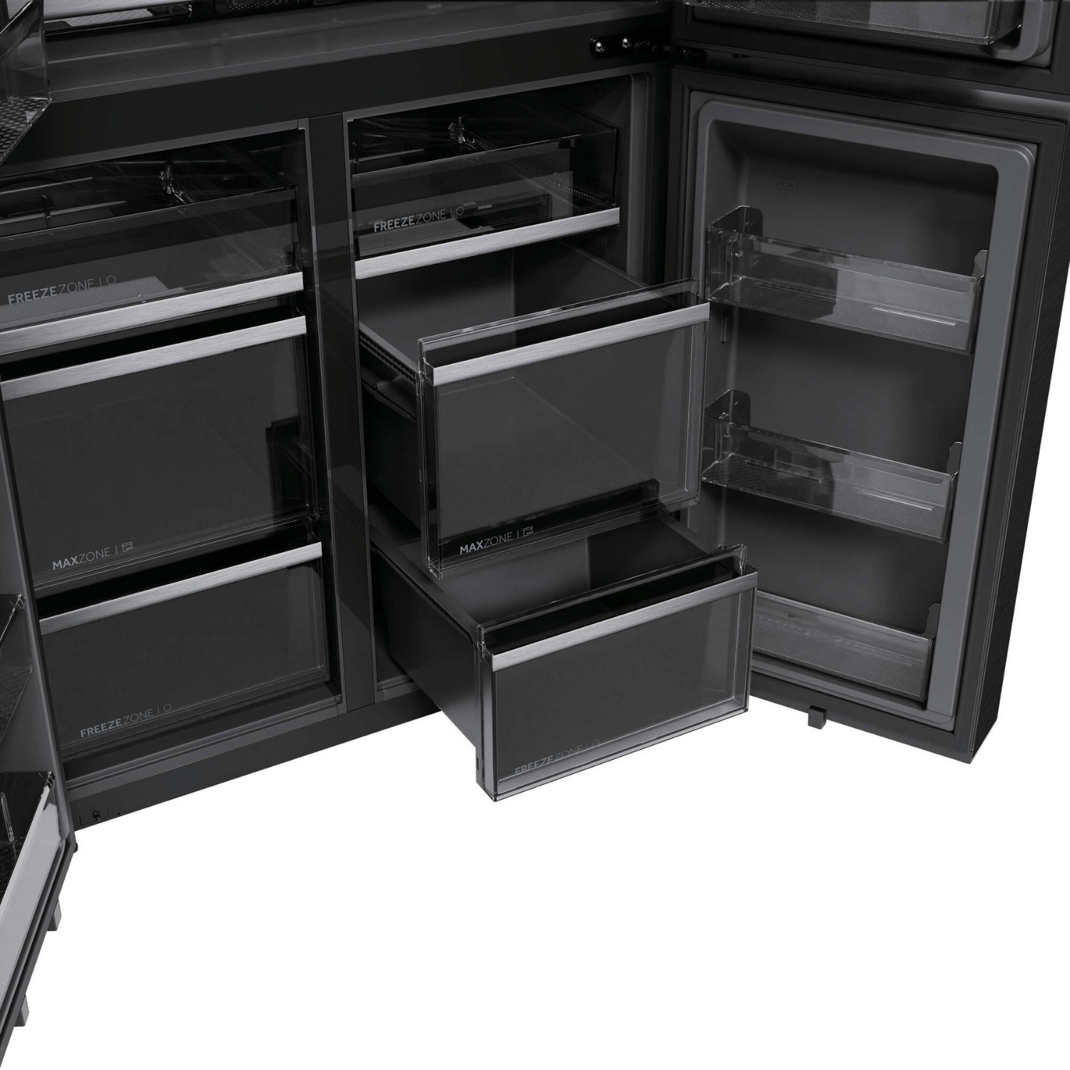 Vista interior de un refrigerador negro con puertas y cajones abiertos.