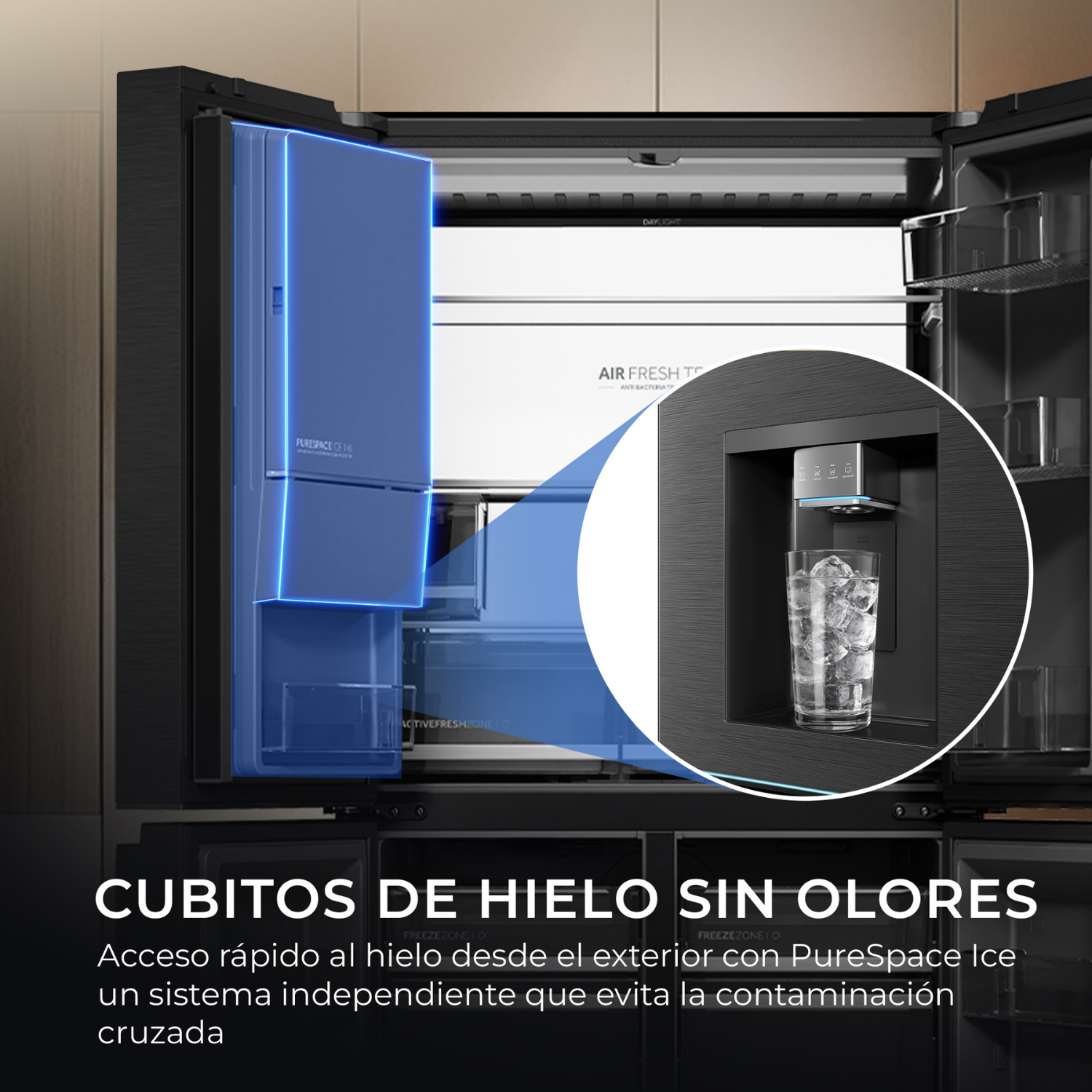 Cubitos de hielo sin olores. Acceso rápido al hielo desde el exterior con PureSpace Ice, sistema independiente que evita la contaminación cruzada.