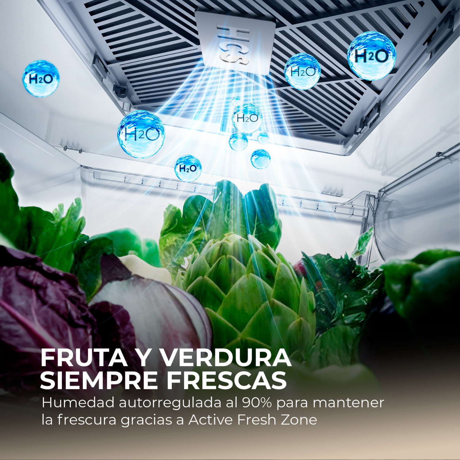 Fruta y verdura siempre frescas. Humedad autorregulada al 90% para mantener la frescura gracias a Active Fresh Zone.