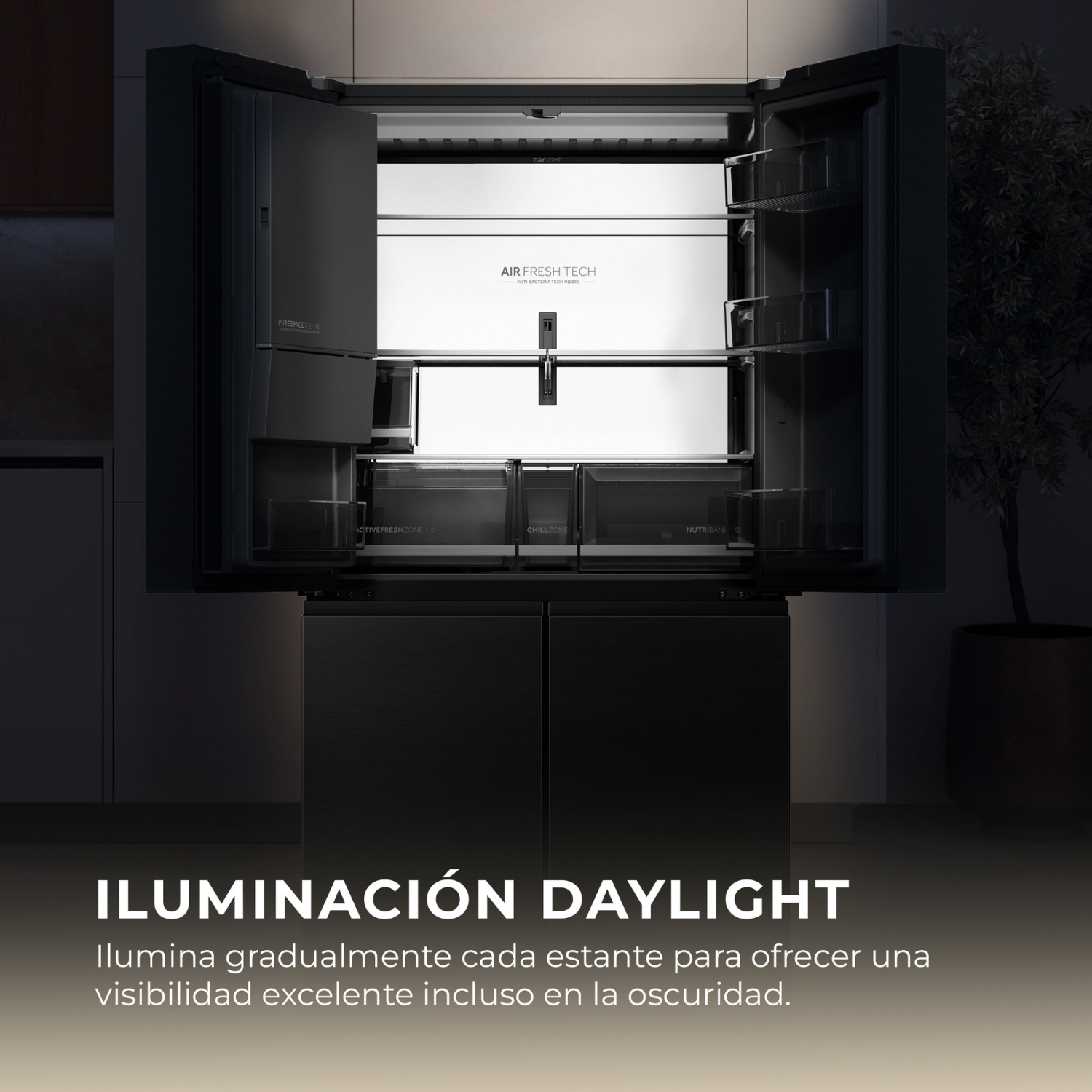 Iluminación Daylight. Ilumina gradualmente cada estante para ofrecer una visibilidad excelente incluso en la oscuridad.
