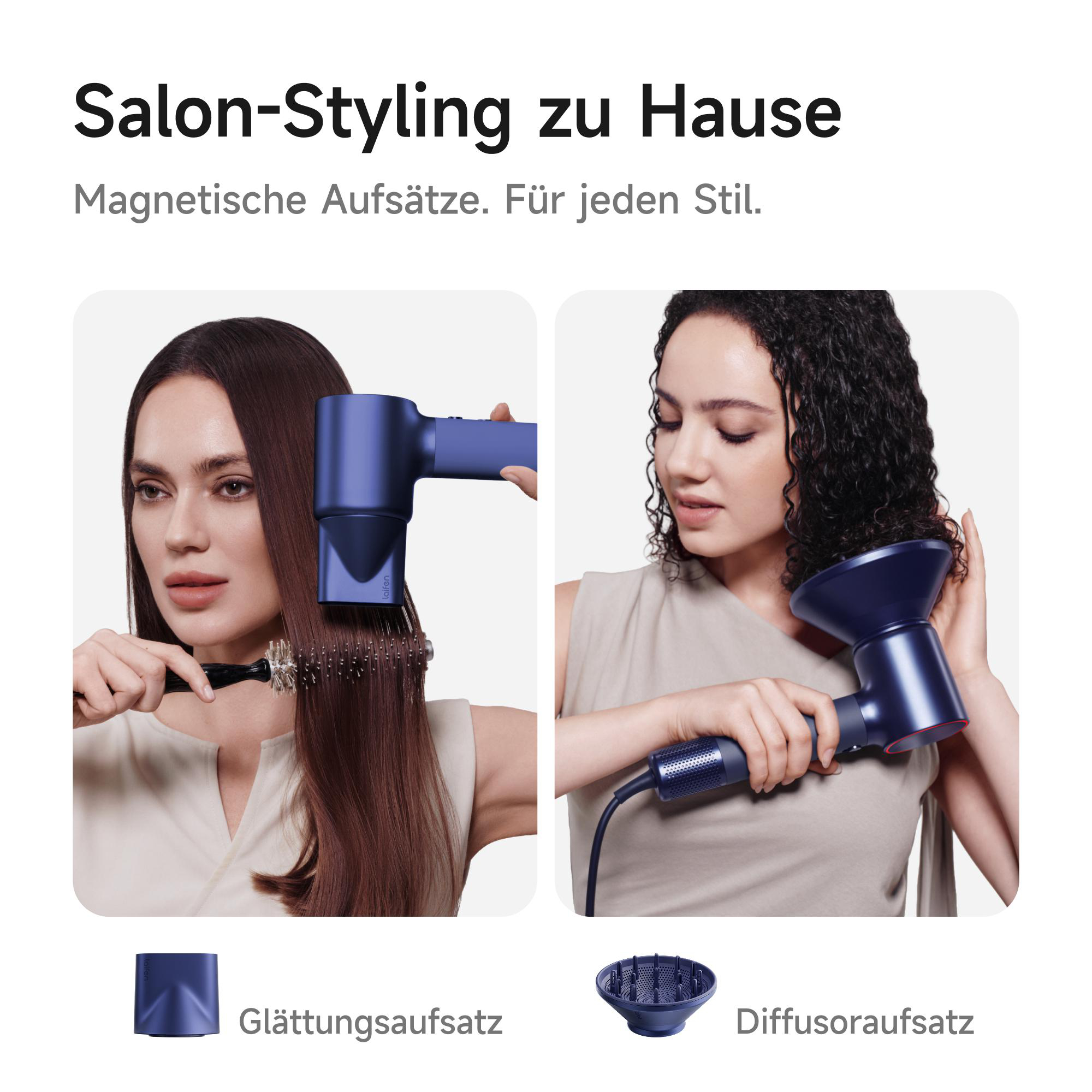 Zwei Frauen stylen ihre Haare mit einem blauen Haartrockner und magnetischen Aufsätzen.
