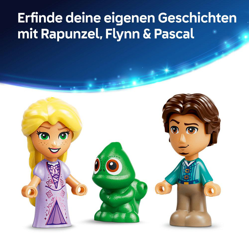 Rapunzel, Flynn und Pascal Figuren auf weißem Hintergrund.