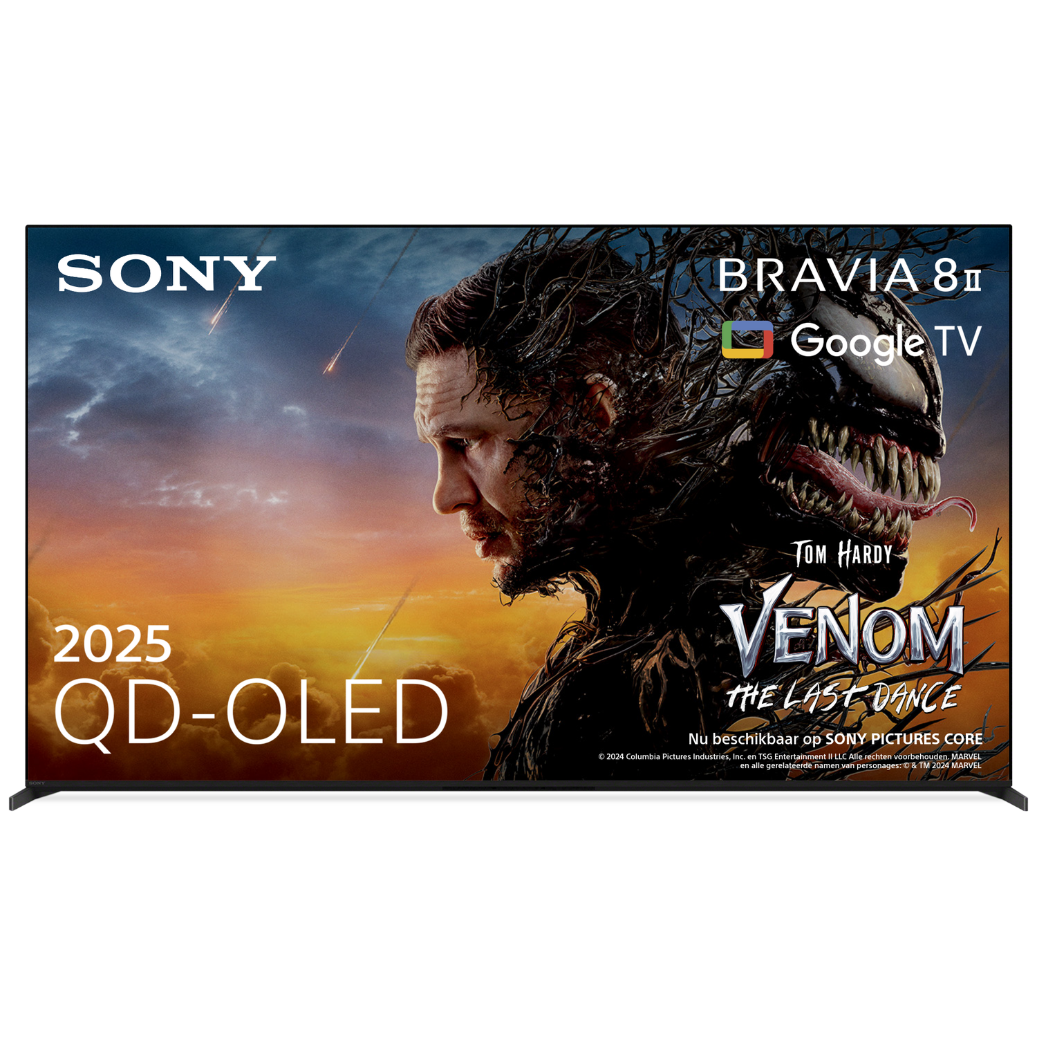 Sony Bravia QD-OLED TV toont Venom filmposter met Tom Hardy en Venom.