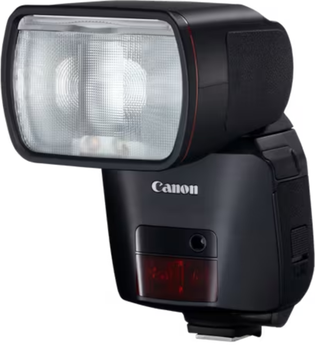 Une tête de flash Canon noire avec des accents rouges et une lumière de flash.