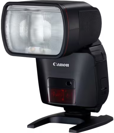 Un flash Canon noir avec une lumière vive et un accent rouge.