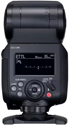 Un flash d'appareil photo noir avec écran LCD et boutons de commande.