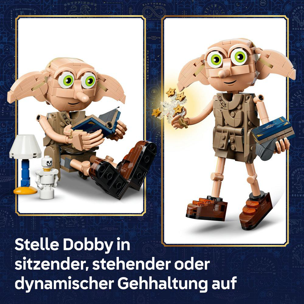 Zwei Lego-Figuren von Dobby: eine sitzend mit Buch, eine stehend mit Sternen und Buch.