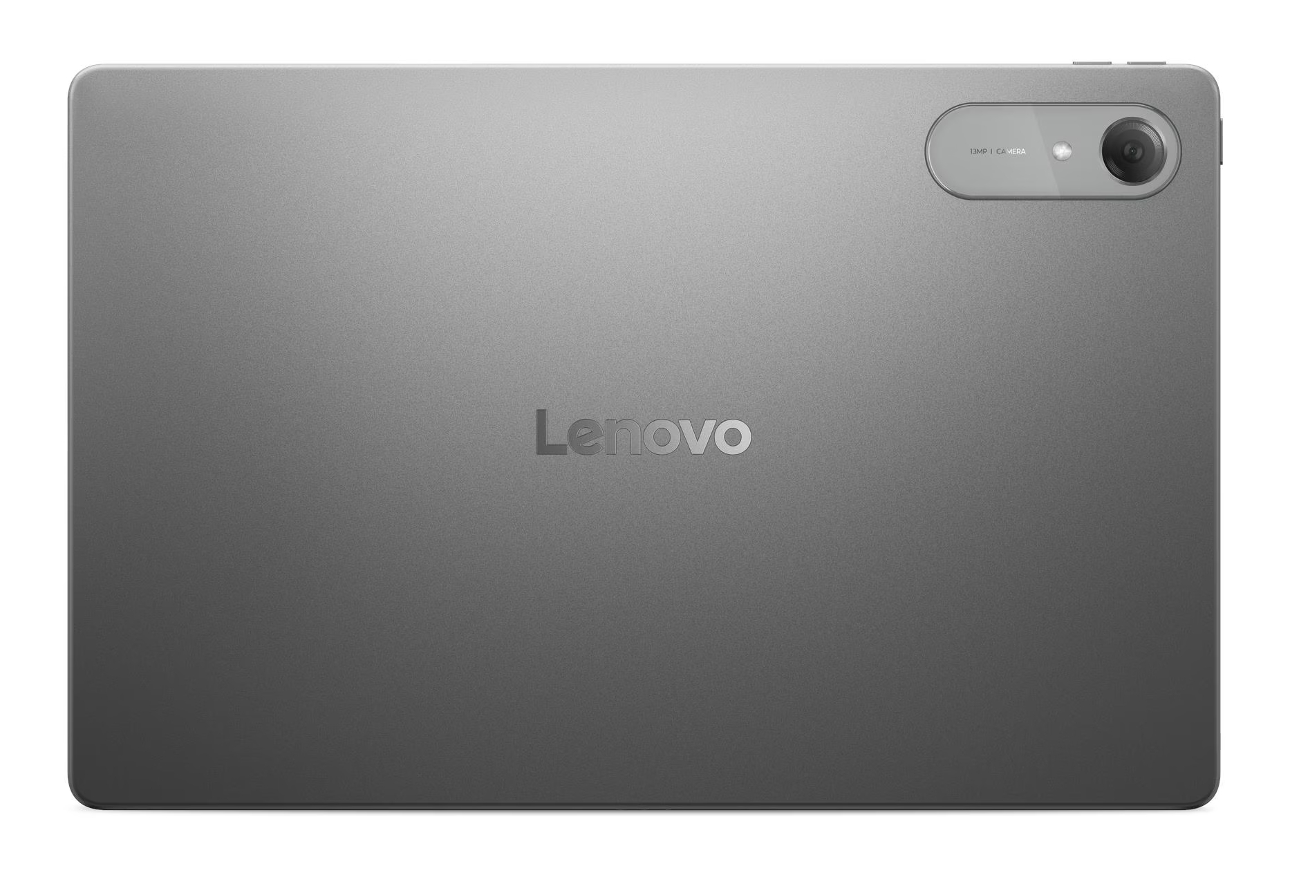 Szary tablet Lenovo z aparatem 13MP i logo na odwrocie.