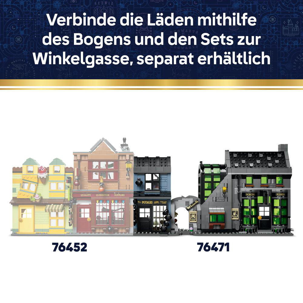 Drei Lego-Sets der Winkelgasse stehen nebeneinander: ein gelbes Geschäft, ein braunes und ein schwarzes. Nummer 76452 und 76471 sind beschriftet.