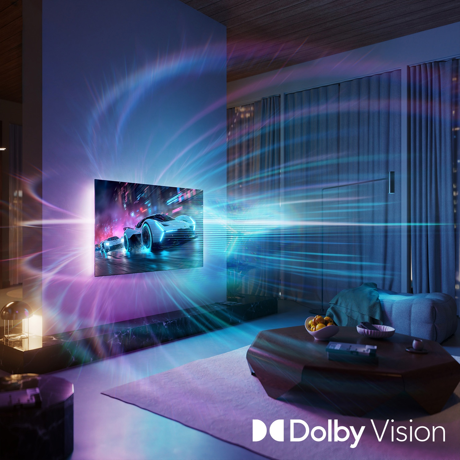 A modern living room with a TV displaying race cars. Blue and purple lights.