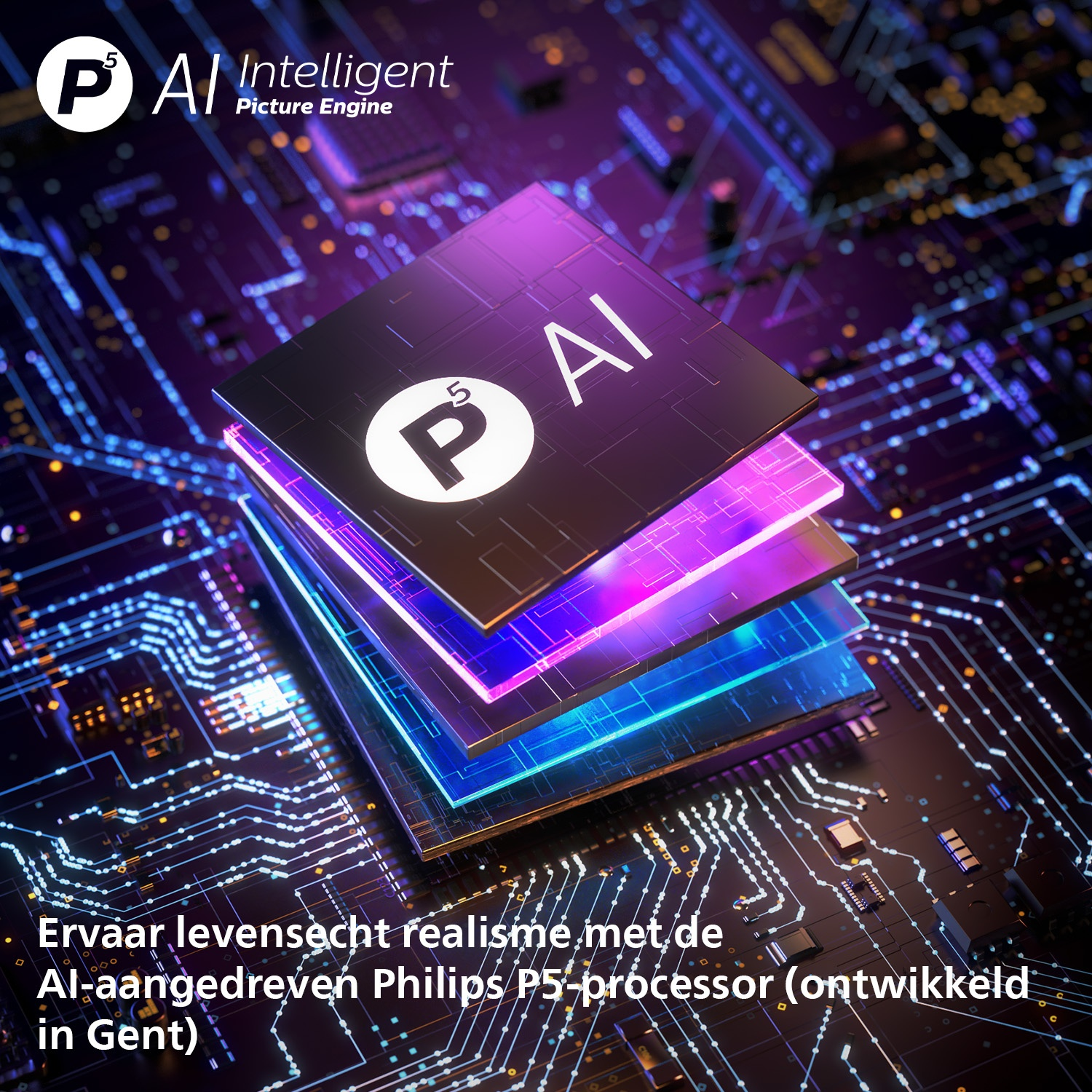 A stack of AI processors glows on a circuit board with blue and purple lights.