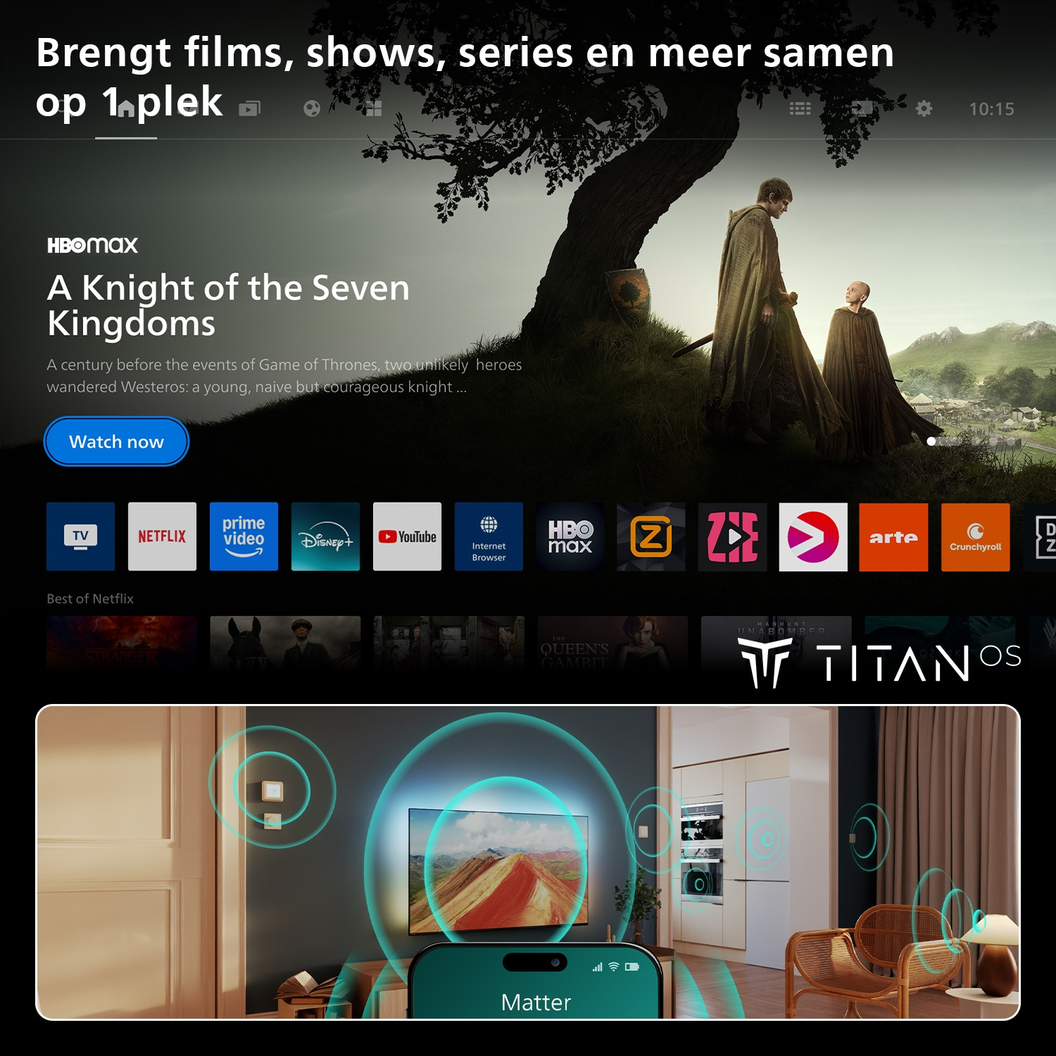 Home screen with HBO Max and app icons. A man in a cloak stands next to a boy.