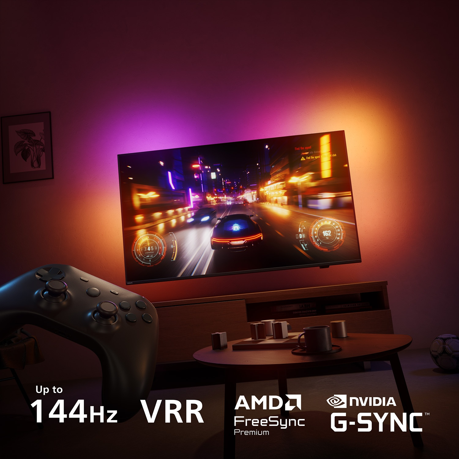 A black controller is on the left in front of a TV showing a racing game.
