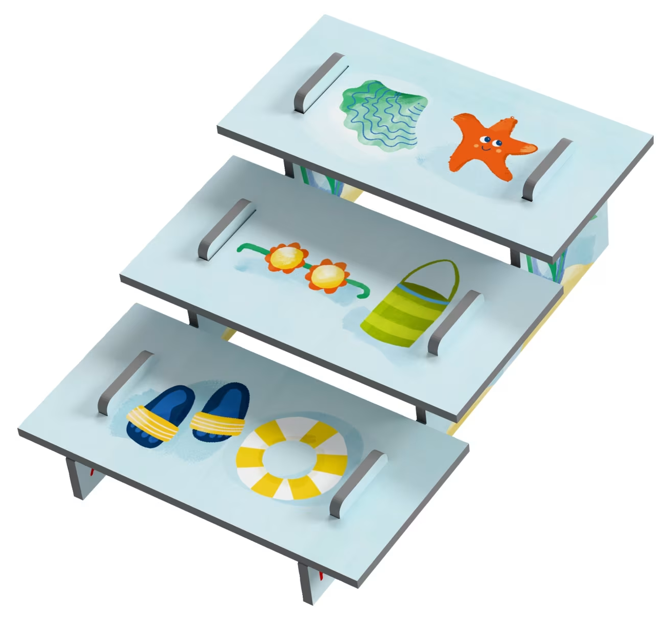 Háromszintes polc strandcikkekkel: kagyló, tengeri csillag, napszemüveg, táska, papucs, mentőöv.
