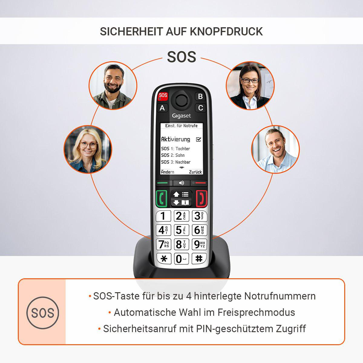 Gigaset Notrufhandy mit 4 Porträts, SOS-Funktion und Liste für Notrufnummern.