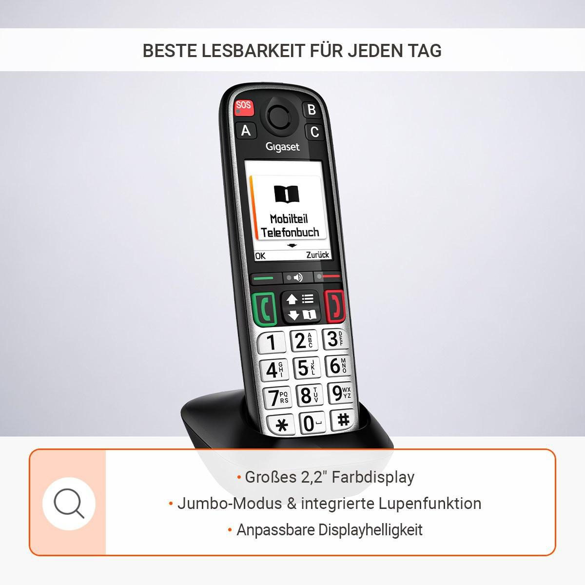 Gigaset Seniorenhandy mit SOS-Taste, großem Display und Zifferntasten.