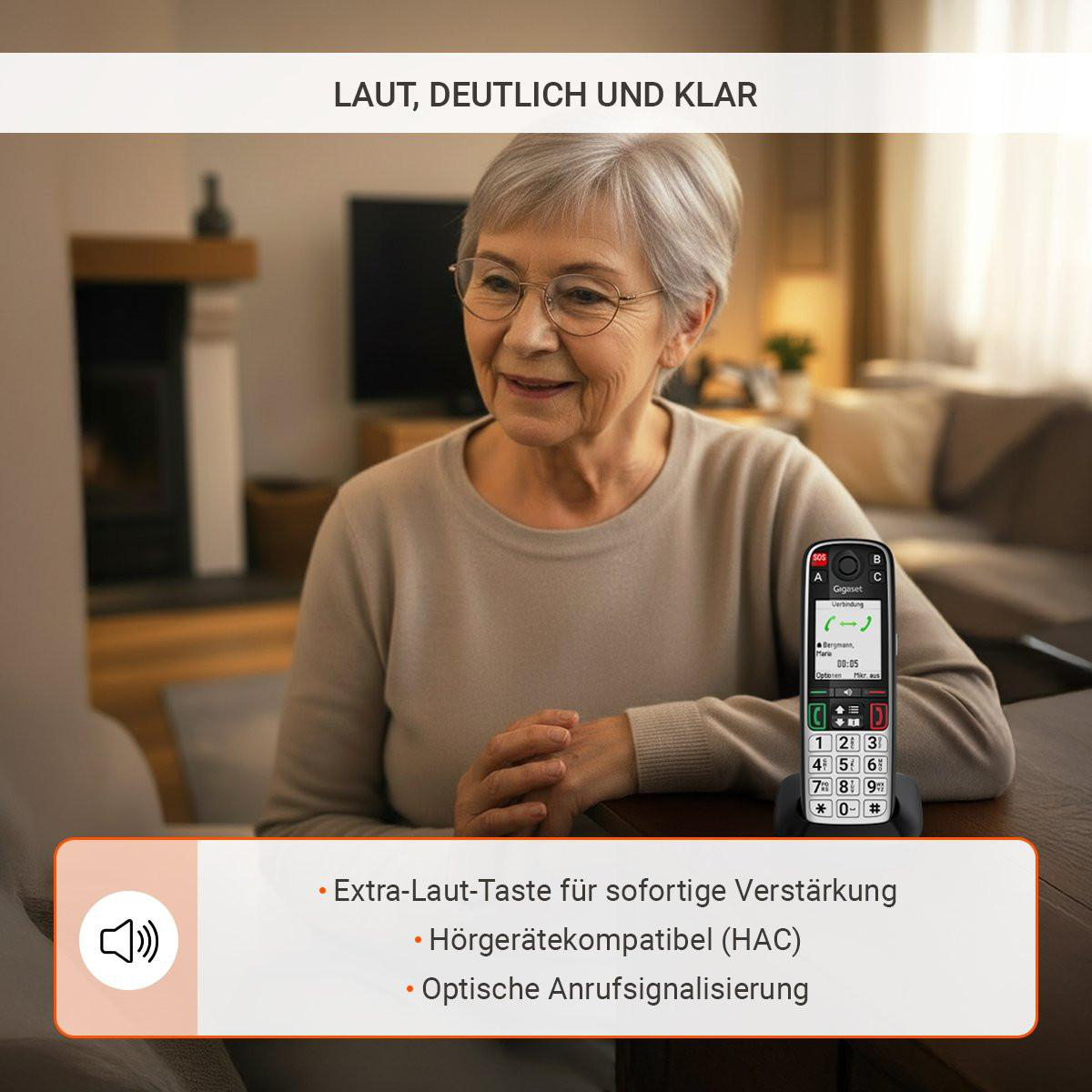 Ältere Frau mit Brille, ein Schnurlostelefon mit großem Display und Tasten.