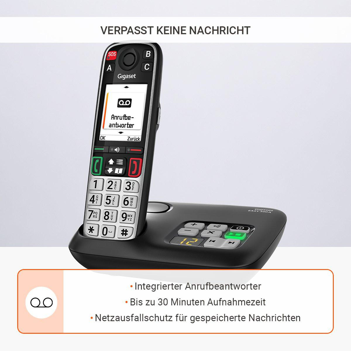 Ein schnurloses Telefon mit großem Display und Tasten auf einer Ladestation.